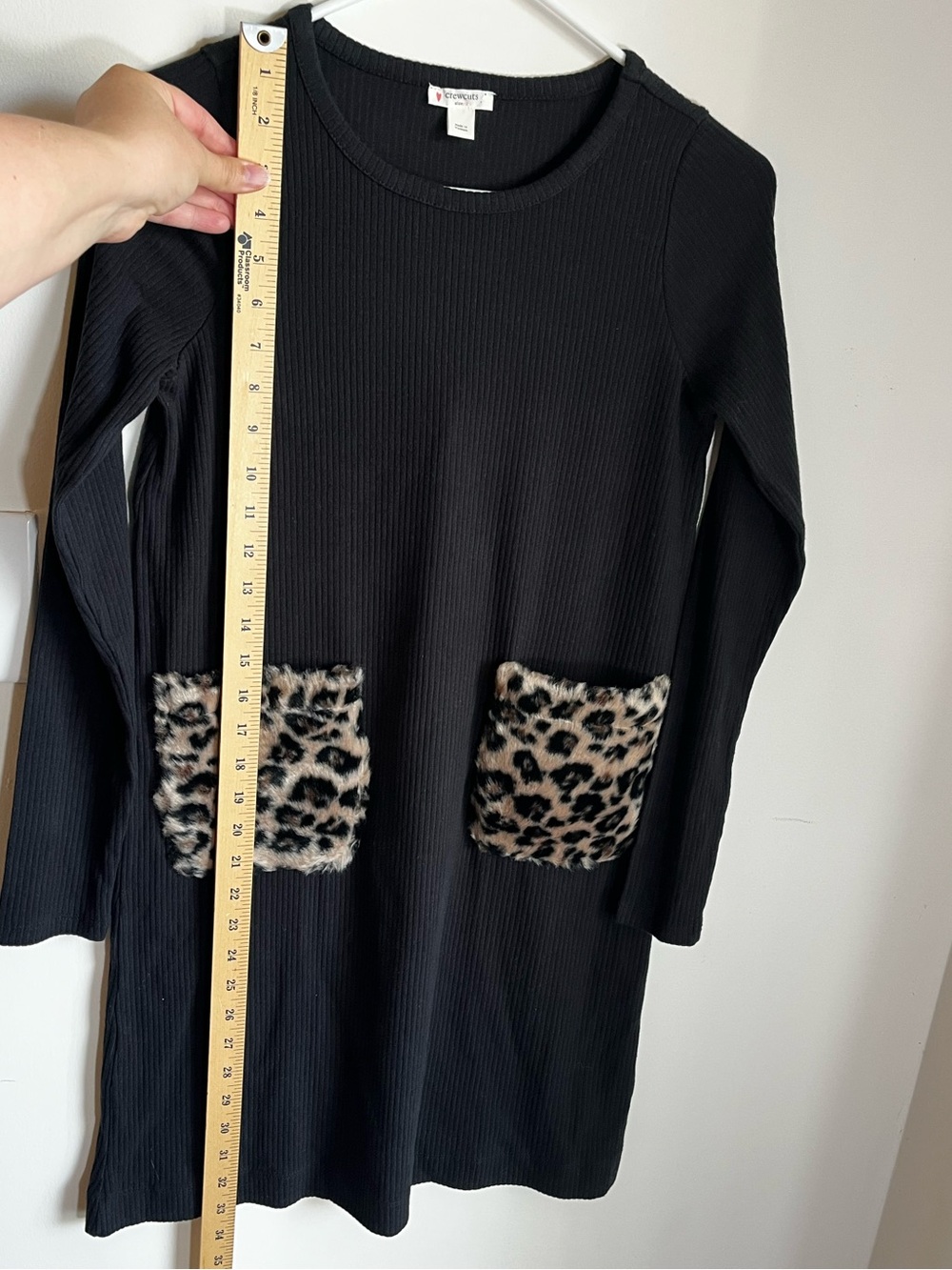 Crewcuts Black Ribbed Dress Leopard Print Faux-Fur Pockets Size 12 - Picture 9 of 11
